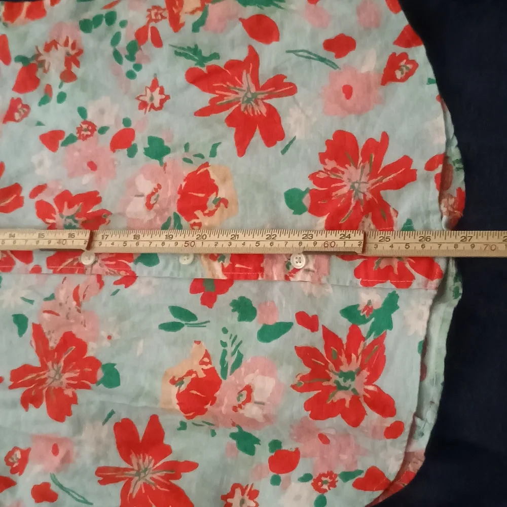 J. Crew Linen & Cotton Button-up Shirt - Sky Blue Blouse w/Floral Print - Sz XXS